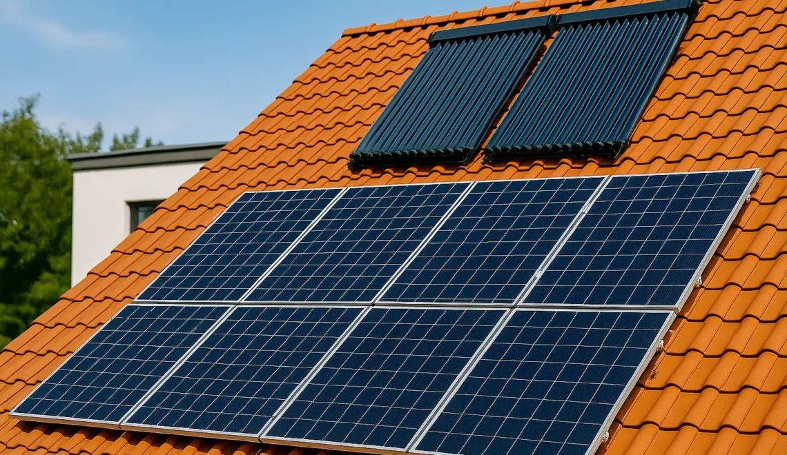 Impianti fotovoltaici e solari termici installati su tetto di abitazione con pannelli ad alta efficienza