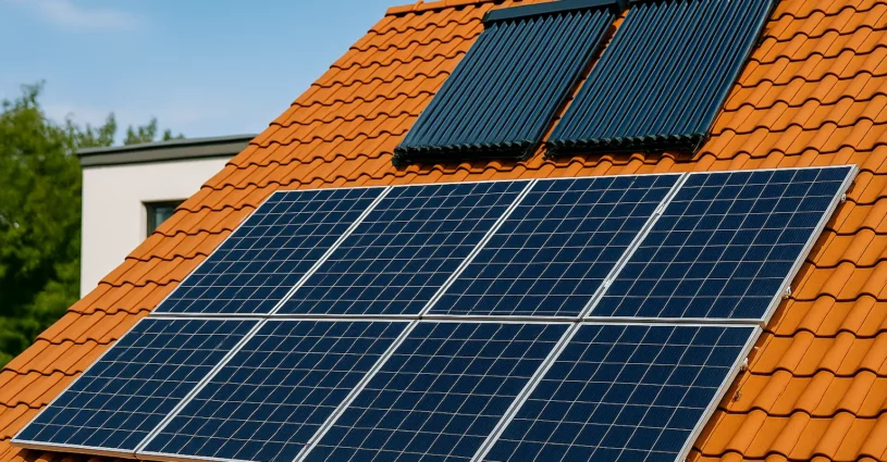 Impianti fotovoltaici e solari termici installati su tetto di abitazione con pannelli ad alta efficienza