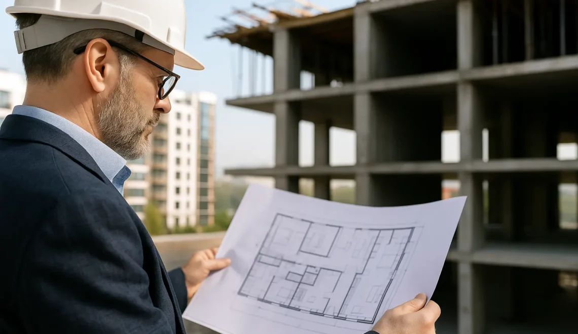 Ingegnere con casco che analizza una piantina davanti a un edificio in costruzione