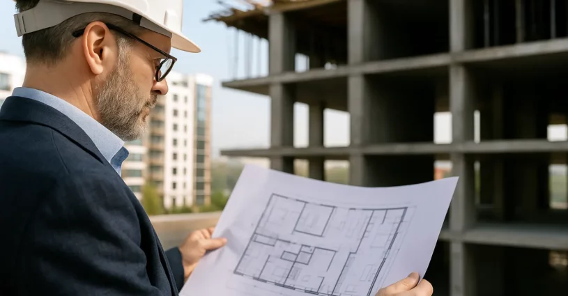 Ingegnere con casco che analizza una piantina davanti a un edificio in costruzione