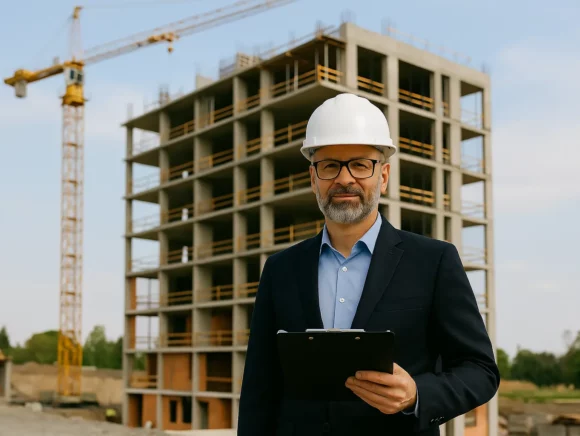 Project manager in cantiere che coordina interventi edili chiavi in mano