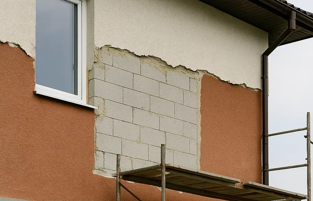 Facciata di edificio in fase di ristrutturazione edile con lavori di rifacimento e riqualificazione energetica