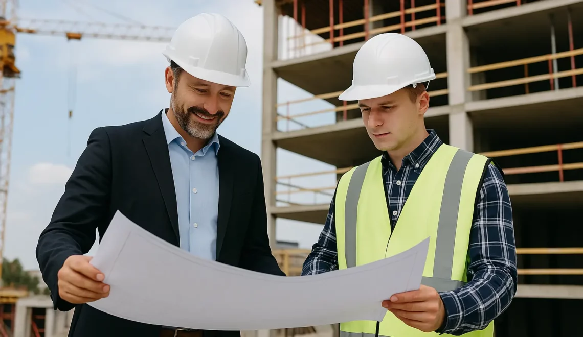Due tecnici edili con casco e planimetria durante la progettazione in cantiere