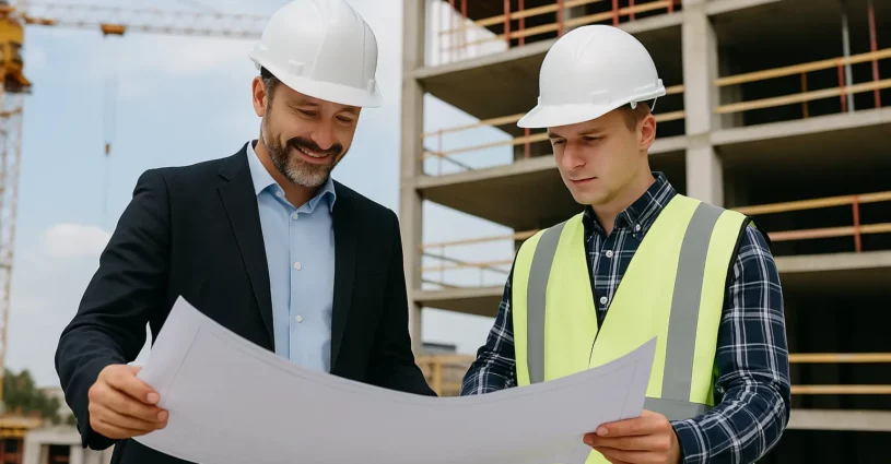 Due tecnici edili con casco e planimetria durante la progettazione in cantiere
